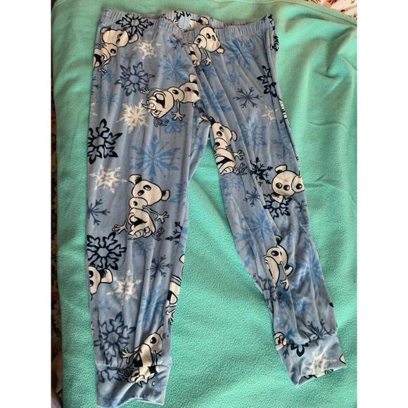 XL Light Blue, Dark Blue and White Olaf Snowflake Frozen Pajama Bottoms - Picture 2 of 9